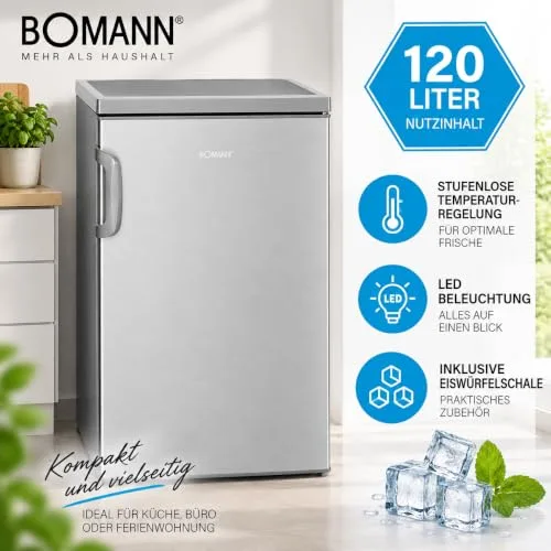 Bomann ▫️ Frigorífico com congelador - Refrigerador de bebidas com capacidade de 120 L e 2 prateleiras de vidro - - Frigorífico pequeno com regulação contínua da temperatura - Aço inoxidável KS 2194.1 2