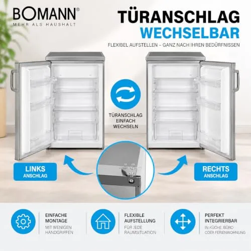 Bomann ▫️ Frigorífico com congelador - Refrigerador de bebidas com capacidade de 120 L e 2 prateleiras de vidro - - Frigorífico pequeno com regulação contínua da temperatura - Aço inoxidável KS 2194.1 3