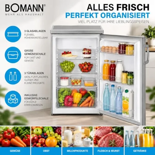 Bomann ▫️ Frigorífico com congelador - Refrigerador de bebidas com capacidade de 120 L e 2 prateleiras de vidro - - Frigorífico pequeno com regulação contínua da temperatura - Aço inoxidável KS 2194.1 4