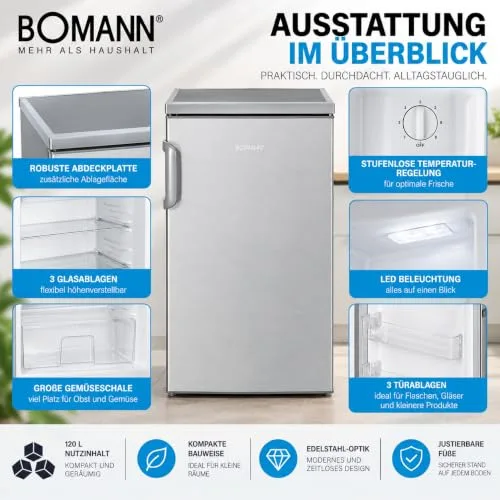Bomann ▫️ Frigorífico com congelador - Refrigerador de bebidas com capacidade de 120 L e 2 prateleiras de vidro - - Frigorífico pequeno com regulação contínua da temperatura - Aço inoxidável KS 2194.1 5