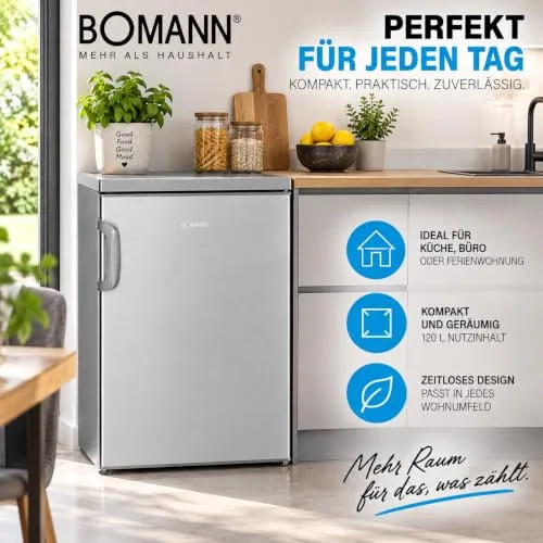 Bomann ▫️ Frigorífico com congelador - Refrigerador de bebidas com capacidade de 120 L e 2 prateleiras de vidro - - Frigorífico pequeno com regulação contínua da temperatura - Aço inoxidável KS 2194.1 7
