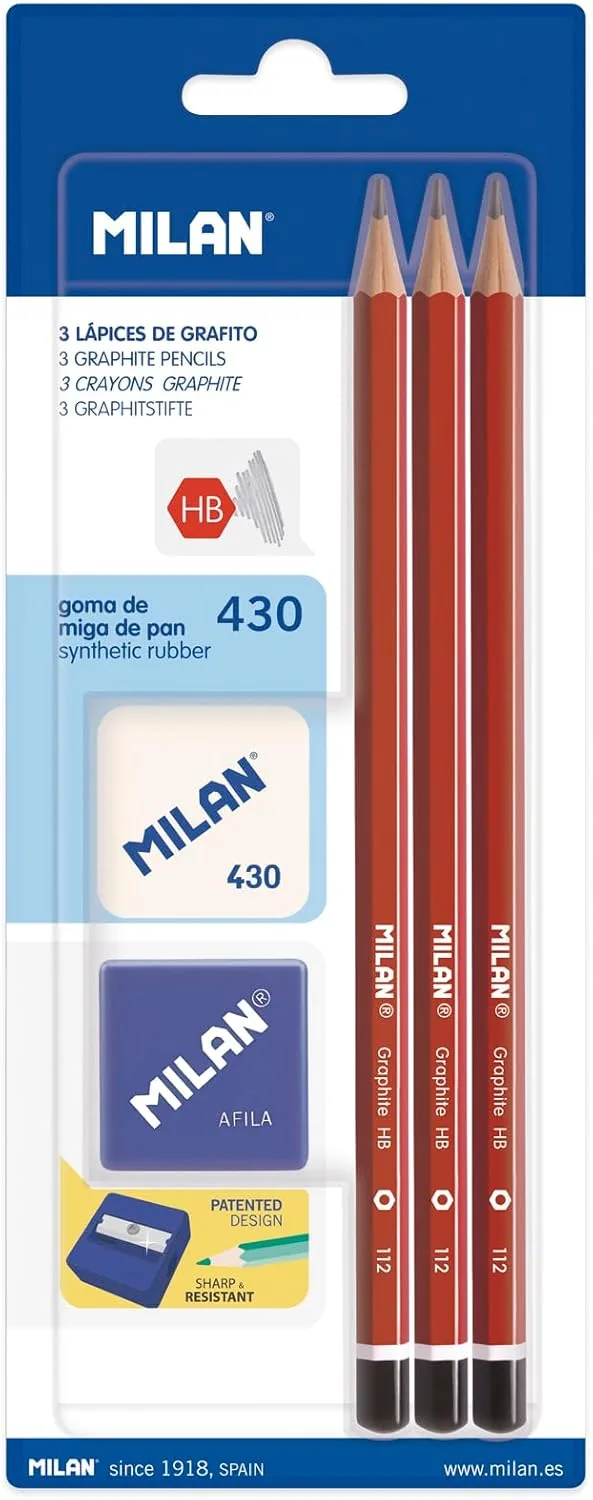 MILAN ▫️ BYM10016 - Embalagem com 3 lápis de grafite, afiador e borracha