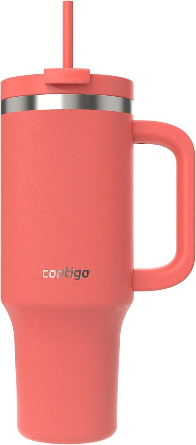 Contigo ▫️ Garrafa térmica 1200 ml com pega e palhinha, Garrafa térmica isolada em aço inoxidável com tampa, Garrafa térmica, Arrefece durante 29 horas, Caneca térmica, Sem BPA, Coral