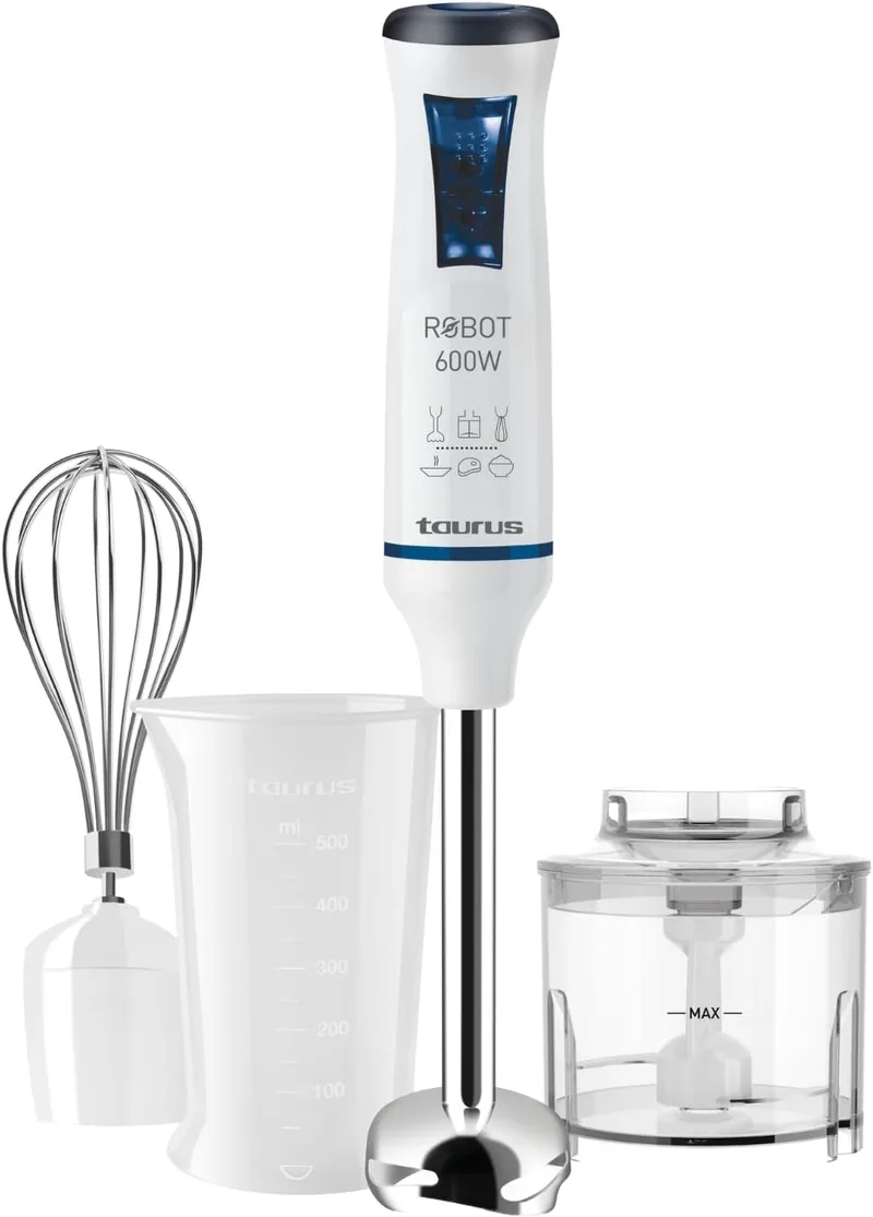 Taurus ▫️ Varinha mágica Robot 600 Plus Inox, 600 W de potência, 20 velocidades e Turbo, Lâmina em aço inoxidável, Sistema de rotação Turbo, Ergonómica, Inclui acessórios, Azul e branco