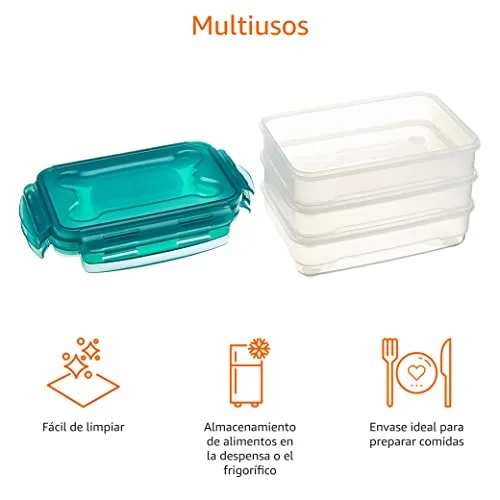 Amazon Basics ▫️ Recipientes herméticos com tampa de plástico sem BPE, empilháveis e adequados para frigorífico/congelador, micro-ondas e máquina de lavar louça. Conjunto de 3 peças de 1,2 l, translúcido 3