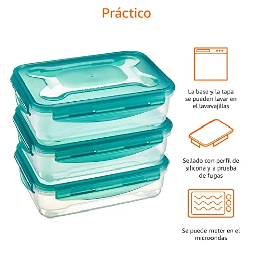 Amazon Basics ▫️ Recipientes herméticos com tampa de plástico sem BPE, empilháveis e adequados para frigorífico/congelador, micro-ondas e máquina de lavar louça. Conjunto de 3 peças de 1,2 l, translúcido 4