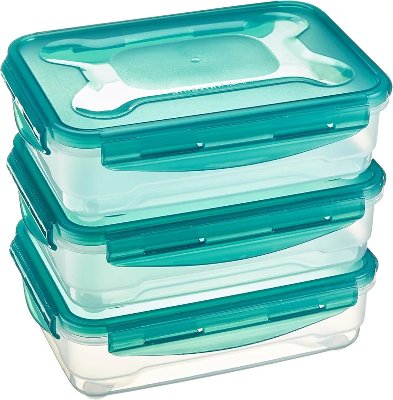 Amazon Basics ▫️ Recipientes herméticos com tampa de plástico sem BPE, empilháveis e adequados para frigorífico/congelador, micro-ondas e máquina de lavar louça. Conjunto de 3 peças de 1,2 l, translúcido