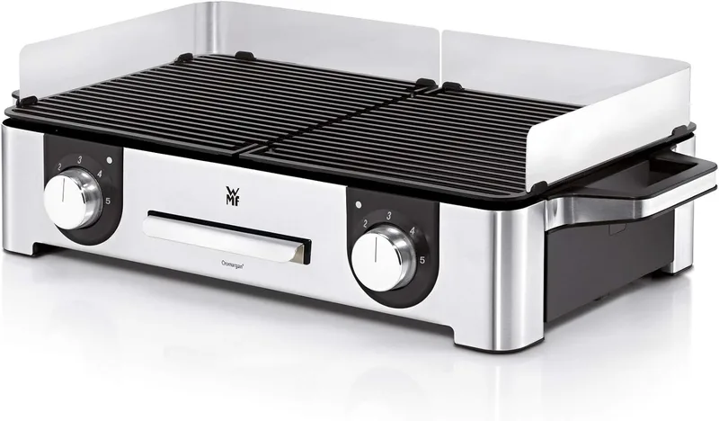 WMF ▫️ Lono - Mastergrill, Grelhador Elétrico de 2400 W, Superfície antiaderente, 2 placas amovíveis com regulador de temperatura individual, acabamentos em aço inoxidável Cromargan, cor prateada/preta