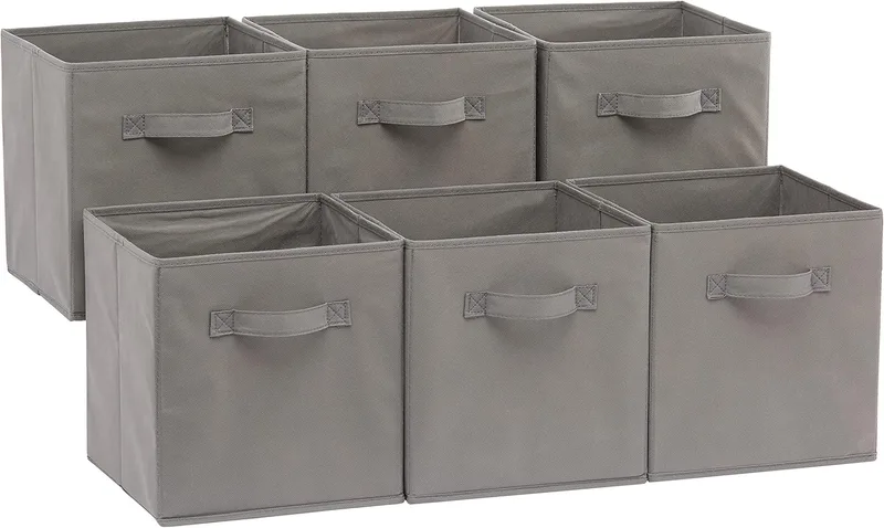 Amazon Basics ▫️ Caixas de armazenamento dobráveis em tecido com alças, 26,6 x 26,6 x 27,9 cm, cor cinzenta, embalagem com 6 unidades