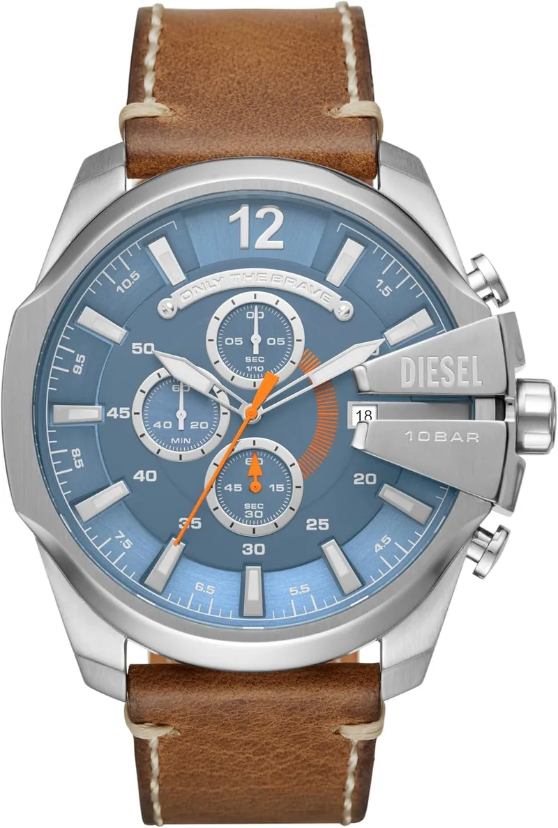 Diesel ▫️ Relógio para homem Mega Chief, movimento cronógrafo, caixa de 51 mm em aço inoxidável preto com bracelete em aço inoxidável, DZ4485