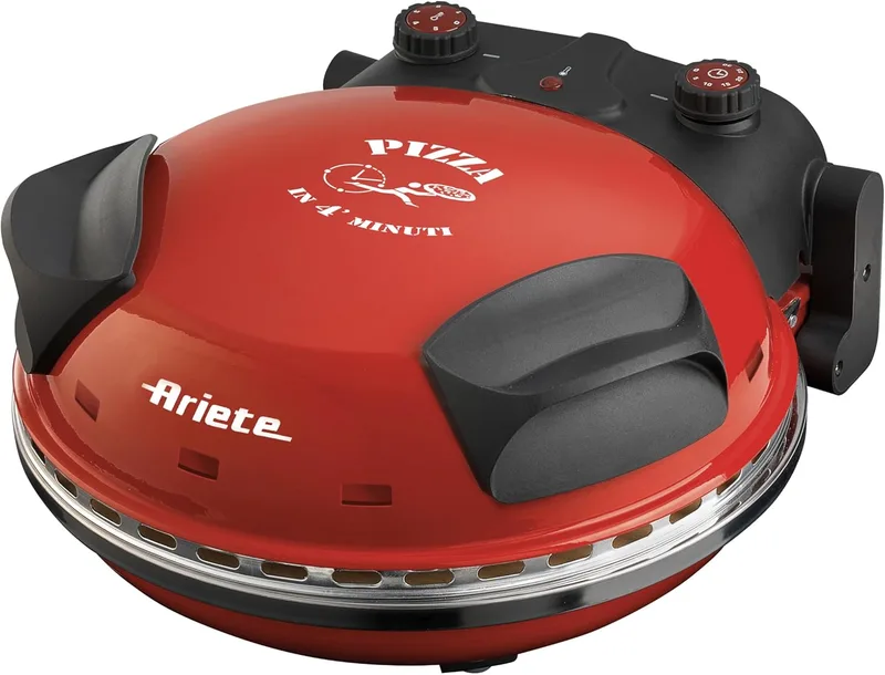 Ariete ▫️ 909 - Forno para pizzas de 4 minutos, 1200 W, 5 níveis de temperatura, diâmetro 33 cm, controlo de tempo e temperatura de 30 minutos, luz indicadora de ligar/desligar, vermelho preto, cor: preto