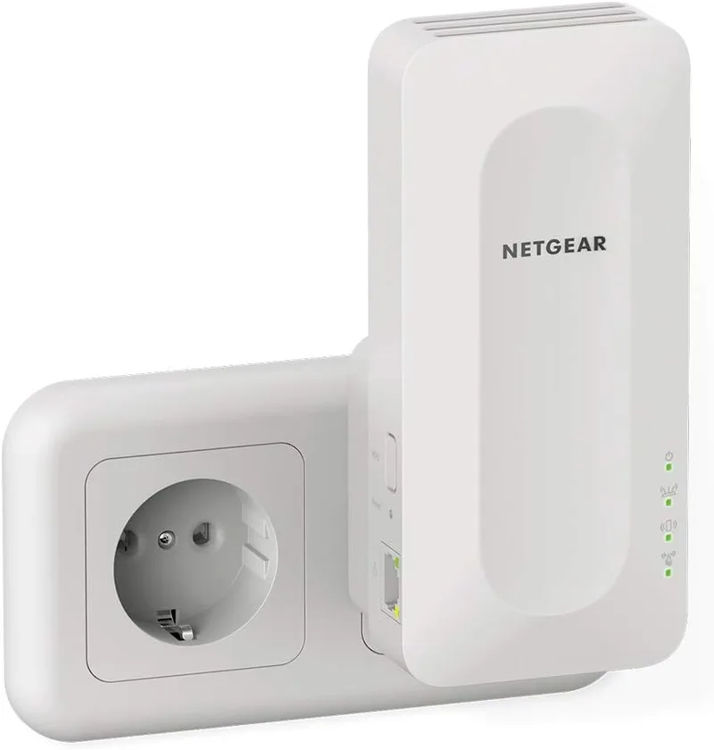 NETGEAR ▫️ Extensor de Alcance Wi-Fi 6 (EAX15): até mais 100 m², 20 dispositivos com repetição e amplificador de sinal sem fios. Banda dupla AX1800 (velocidade até 1,8 Gbps), compatível com WPA3, itinerância, nome único para a rede Wi-Fi