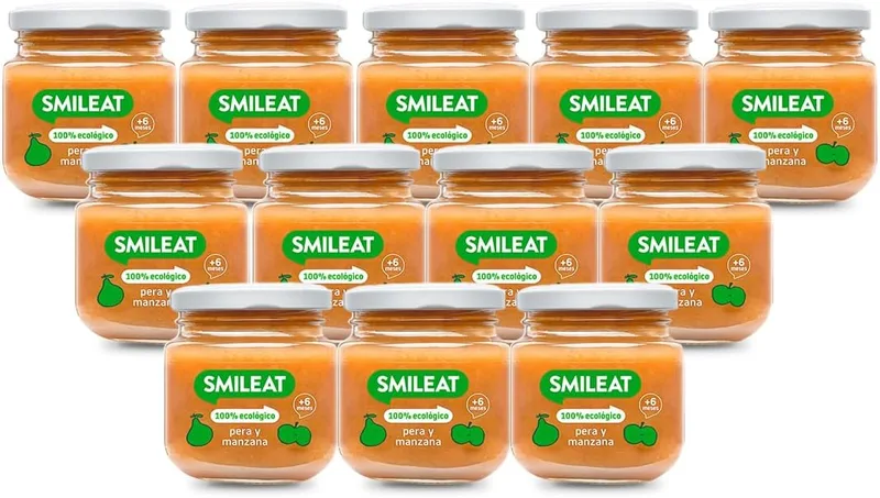 SMILEAT EAT & SMILE ▫️ Smileat - Boiões de Fruta Biológica, Ingredientes Naturais, para Bebés a partir dos 4 Meses, Saudável e Saudável, Sem Glúten, Sabor a Pera e Maçã - Embalagem de 12 Boiões x 130 g = 1560 g