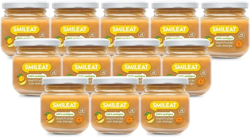 Smileat ▫️ Potinhos ecológicos de multifrutas com manga | Para bebés a partir dos 4 meses | Potinhos 100% ecológicos de fruta sem glúten | Com ingredientes naturais | Embalagem de 12 x 130 g | 1560 g
