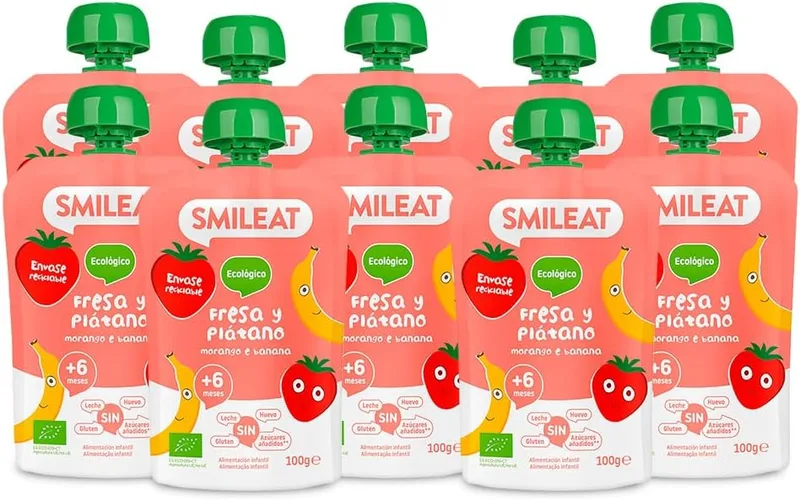 SMILEAT EAT & SMILE ▫️ Smileat - Embalagem de 10 saquetas de fruta biológica - Sem sal, sem adição de açúcar, sem glúten - Lanche prático para crianças - Sabor a morango e banana