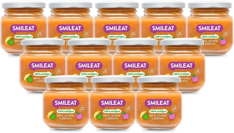 SMILEAT EAT & SMILE ▫️ Smileat - Boiões de fruta biológica, ingredientes reais, para bebés a partir dos 4 meses, sem glúten, sabor a pera, ameixa e banana - Embalagem de 12 x 130 g = 1560 g