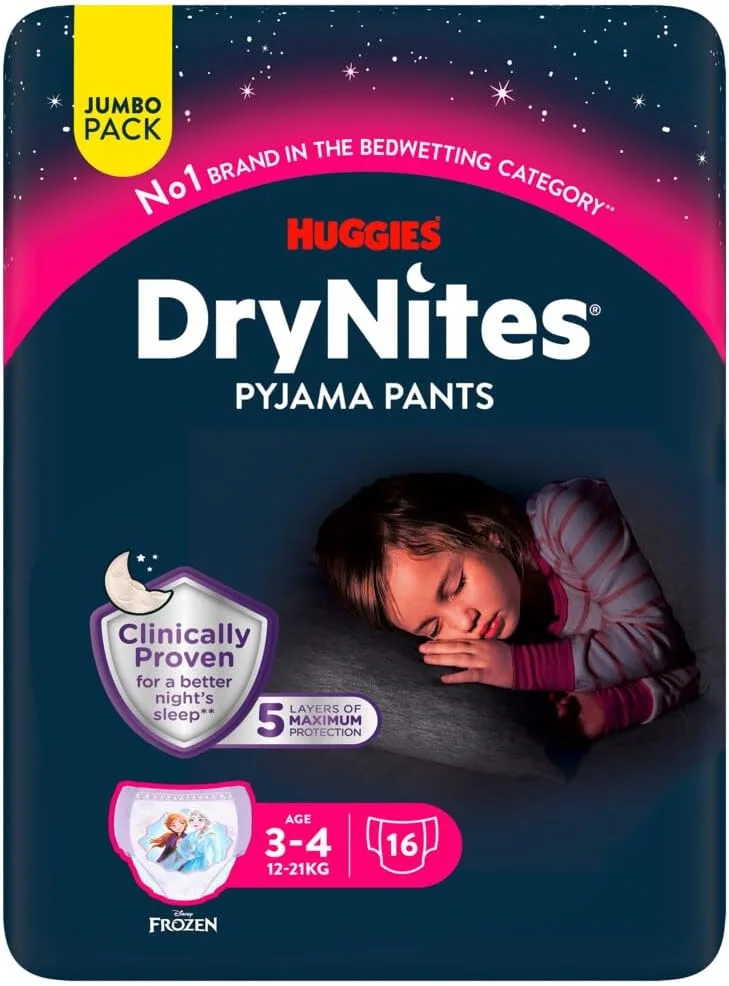 HUGGIES ▫️ DryNites Fraldas Noturnas para Meninas 3-4 (16-23 kg), clinicamente testadas com 5 camadas para máxima proteção noturna, 4 embalagens de 16, total de 64 fraldas absorventes