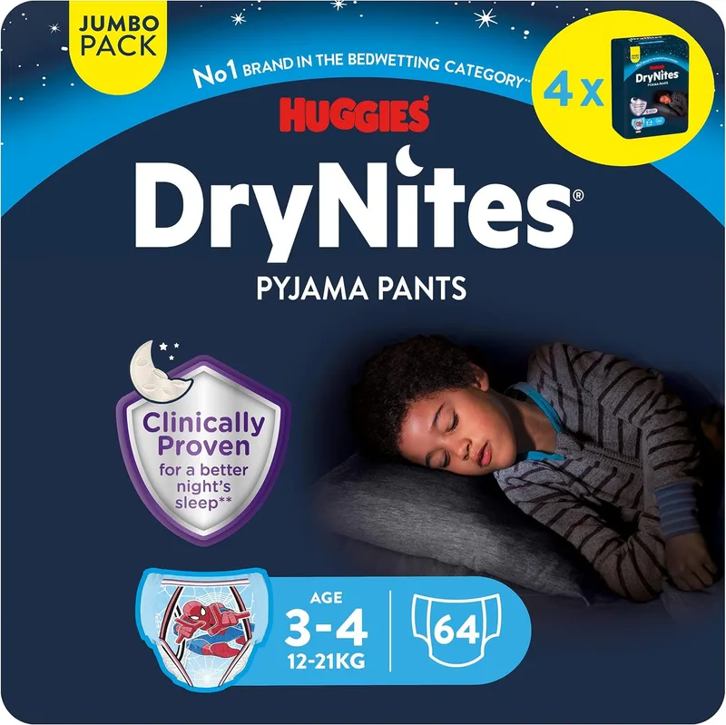 HUGGIES ▫️ DryNites Fraldas Noturnas para Meninas 3-4 (16-23 kg), clinicamente testadas com 5 camadas para máxima proteção noturna, 4 embalagens de 16, total de 64 fraldas absorventes