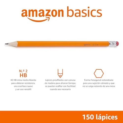 Amazon Basics ▫️ Lápis de grafite 2HB com revestimento de madeira, pré-afiados, sem manchas, com ponta de borracha, para a escola, embalagem de 150 unidades 2