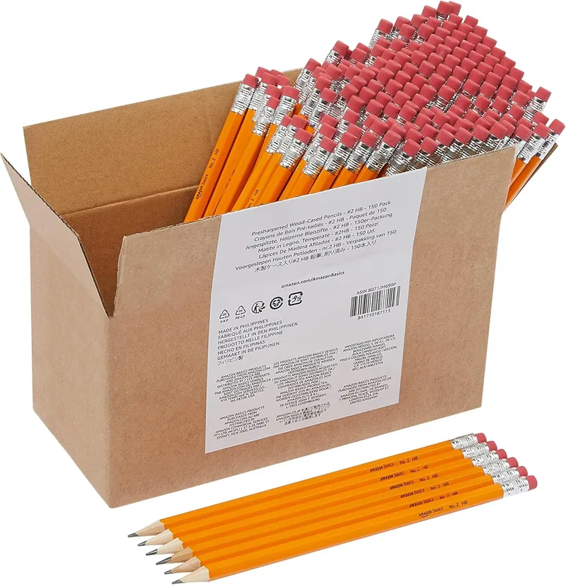 Amazon Basics ▫️ Lápis de grafite 2HB com revestimento de madeira, pré-afiados, sem manchas, com ponta de borracha, para a escola, embalagem de 150 unidades