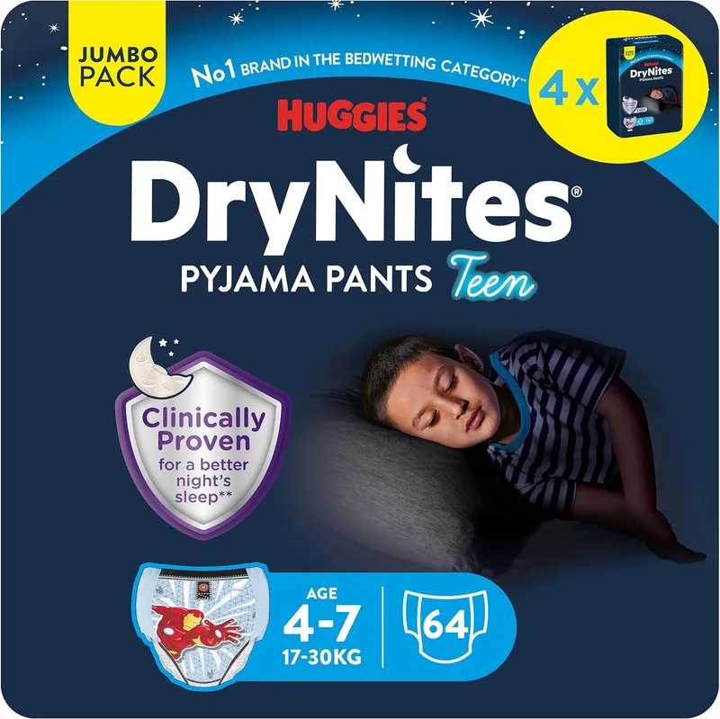 HUGGIES ▫️ DryNites Fraldas Noturnas para Meninos 4-7 (17-30 kg), clinicamente testadas com 5 camadas de máxima proteção noturna, 4 embalagens de 16, total de 64 fraldas absorventes