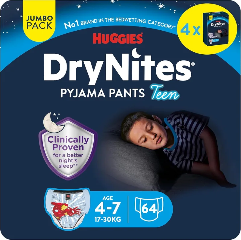 HUGGIES ▫️ DryNites Fraldas Noturnas para Meninos 4-7 (17-30 kg), clinicamente testadas com 5 camadas de máxima proteção noturna, 4 embalagens de 16, total de 64 fraldas absorventes