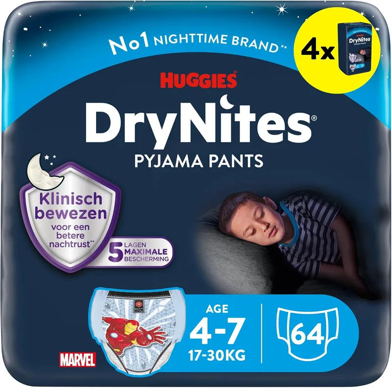 HUGGIES ▫️ DryNites Fraldas Noturnas para Meninos 4-7 (17-30 kg), clinicamente testadas com 5 camadas de máxima proteção noturna, 4 embalagens de 16, total de 64 fraldas absorventes