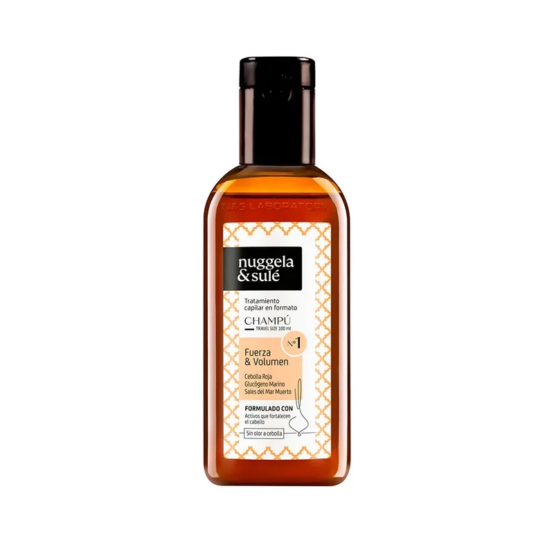 Nuggela & Sulé ▫️ Champô Nº1 - Força e Volume. Com Extrato de Cebola Vermelha e Glicogénio Marinho. Fortalece. Estimula o crescimento. Acaba com a queda de cabelo. 1 x 100 ml em formato de viagem