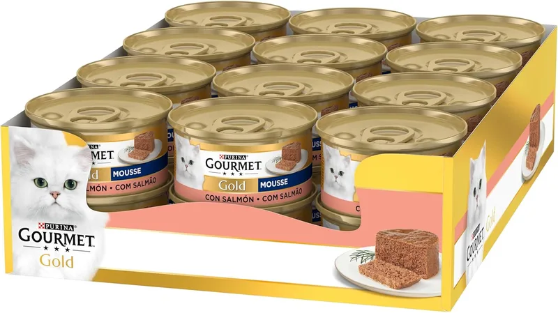 Gourmet ▫️ Gold Mousse, Comida húmida para gatos adultos, Mousse de salmão, Embalagem com 24 latas de 85 g