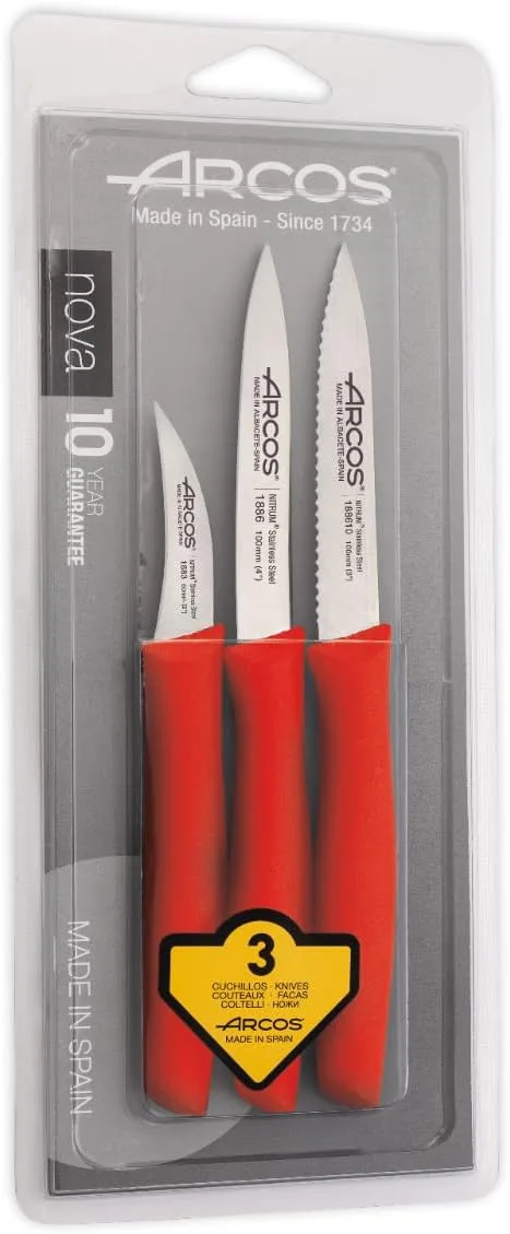Arcos ▫️ Conjunto de 3 facas descascadoras. 3 facas descascadoras em aço inoxidável com cabo ergonómico em polipropileno para cortar frutas, legumes e tubérculos. Série Nova. Cor vermelha.