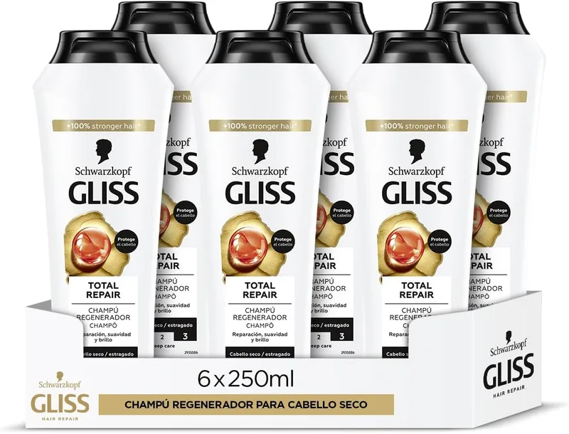 Gliss ▫️ Champô reparador para cabelo seco - Total Repair - 6 unidades de 250 ml (1 500 ml) – Linha de reparação
