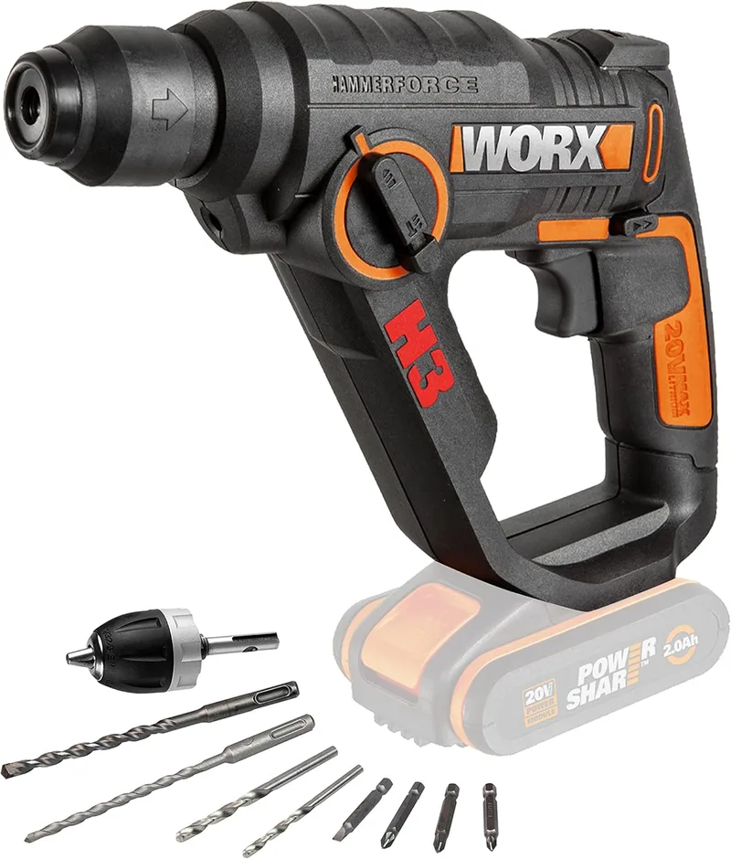 WORX ▫️ WX390.9 Martelo perfurador SDS Plus de 20 V sem bateria, 1,2 J, 3 funções, velocidade variável, design compacto para betão e alvenaria