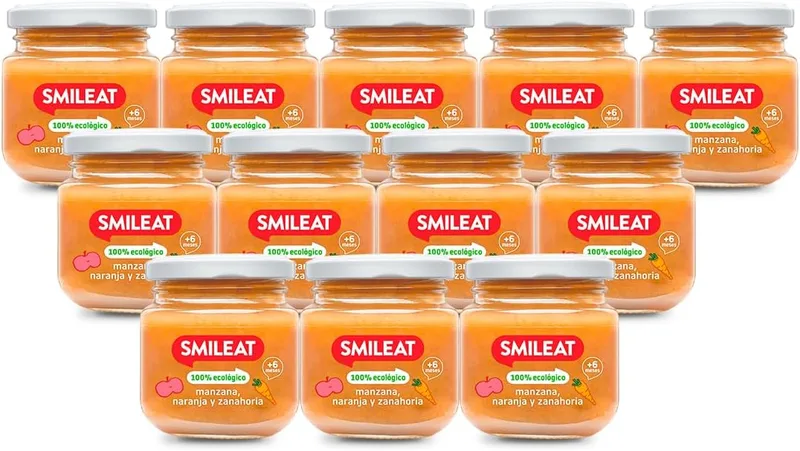 SMILEAT EAT & SMILE ▫️ Smileat - Boiões de fruta biológica, ingredientes reais, para bebés a partir dos 4 meses, sem glúten, sabor a maçã, laranja e cenoura - Embalagem de 12 x 130 g = 1560 g
