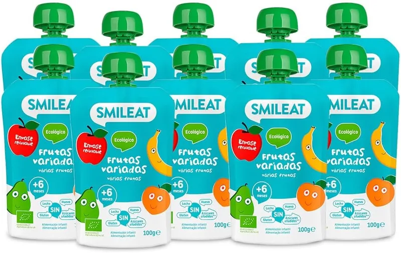 SMILEAT EAT & SMILE ▫️ Smileat - Embalagem de 10 saquetas de fruta biológica - Sem sal, sem adição de açúcar, sem glúten - Lanche prático para crianças - Sabores variados de fruta