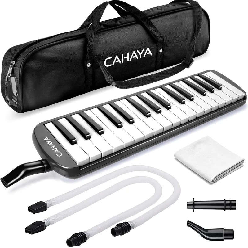 CAHAYA ▫️ Melódica piano de sopro com 32 teclas, inclui tubo de sopro, boquilha e bolsa de transporte (preto)