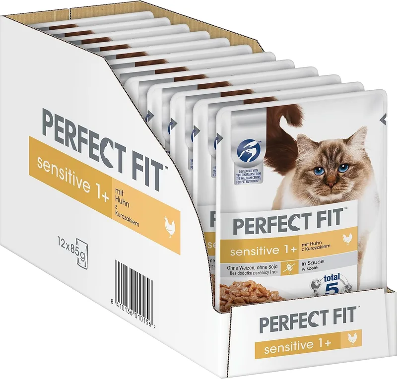 PERFECT FIT ▫️ Sensitive 1+ - Alimento para gatos sensíveis - Frango em molho - Sem trigo e sem soja - Ajuda à digestão - Alimento para gatos - Sacos de dose (12 x 85 g)