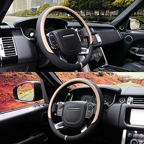COFIT ▫️ Capa Universal para Volante de Carro – Protetora, Respirável e Antiderrapante – Em Microfibra e Pele – L 39-40,5 cm – Bege e Preto 2