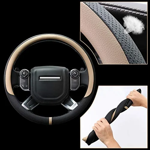 COFIT ▫️ Capa Universal para Volante de Carro – Protetora, Respirável e Antiderrapante – Em Microfibra e Pele – L 39-40,5 cm – Bege e Preto 3