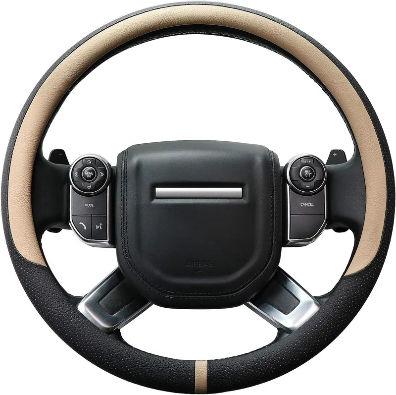 COFIT ▫️ Capa Universal para Volante de Carro – Protetora, Respirável e Antiderrapante – Em Microfibra e Pele – L 39-40,5 cm – Bege e Preto
