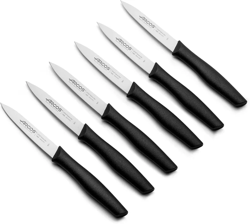 Arcos ▫️ Conjunto de 6 facas descascadoras com lâmina de 100 mm em aço inoxidável e cabo em polipropileno. Conjunto de facas de cozinha para descascar, adequado para a máquina de lavar louça. Série Nova. Cor: preta