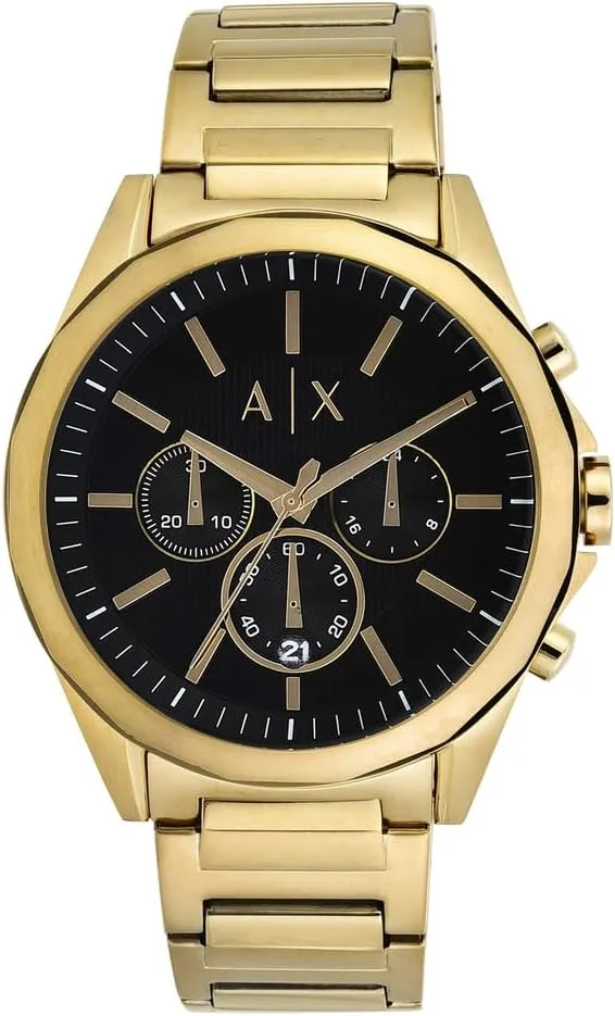 Relógio Armani Exchange para homem em tom dourado, movimento cronógrafo de quartzo, caixa de 44 mm com bracelete em aço inoxidável