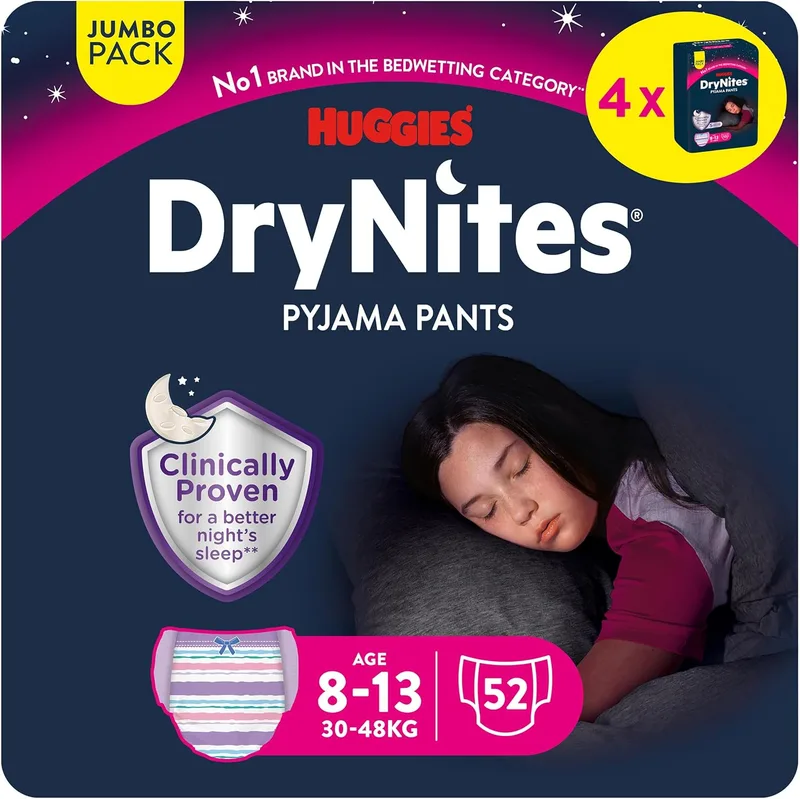 HUGGIES ▫️ DryNites Fraldas Noturnas para Meninas 8-13 (30-48 kg), clinicamente testadas com 5 camadas para máxima proteção noturna, 4 embalagens de 13 unidades, total de 52 fraldas absorventes