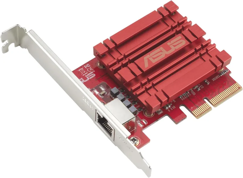 ASUS ▫️ XG-C100C, Adaptador de rede PCIe 10GBase-T compatível com versões anteriores que seguem os padrões de 5/2,5/1 G e 100 Mbps, uma porta RJ45 e QoS integrado, cor vermelho/prateado, PCIe 10 Gigabit