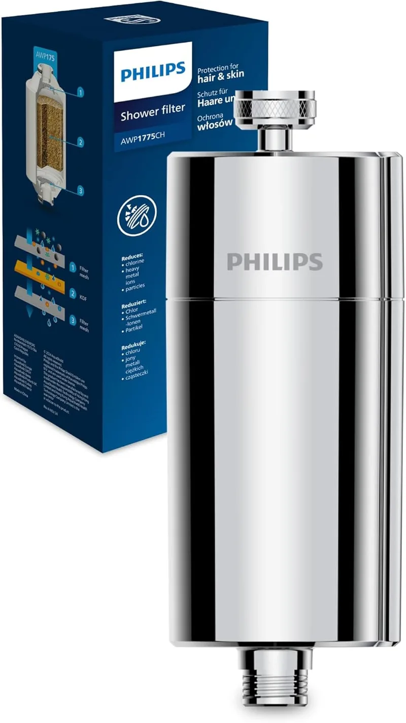Philips ▫️ Filtro de duche em linha Water - inclui 1 cartucho, filtragem até 50.000 L, cor cromada, reduz o cloro até 99%, fácil de instalar, compatível com a maioria dos chuveiros