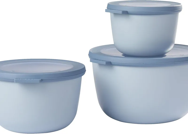 Mepal ▫️ Multi Bowl Cirqula Round 3-Part - Caixa de armazenamento de alimentos com tampa - Caixa de armazenamento hermética para frigorífico e micro-ondas - 500 ml, 1000 ml e 2000 ml - azul nórdico