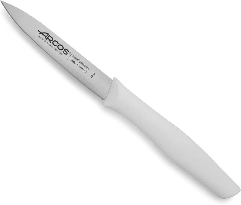 Arcos ▫️ Faca Descascadora em Aço Inoxidável NITRUM 100 mm - Ideal para descascar frutas e legumes - Cabo em polipropileno branco - Série Nova