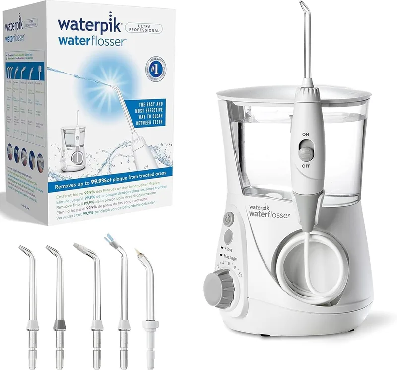 Waterpik ▫️ Irrigador dentário Ultra Professional Water Jet com sistema avançado de controlo de pressão de 10 posições e 6 bicos, remoção de placa bacteriana, branco (WP-660EU)