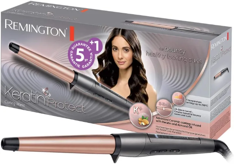 Remington ▫️ Modelador de Cabelo Keratin Protect, Queratina e Óleo de Amêndoa, Modelador de Cabelo com cilindro de 19-28 mm, Cerâmica, 5 níveis de temperatura até 210 °C, Digital, CI83V6, Preto, Ouro-rosa