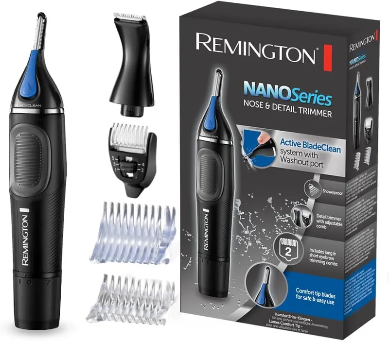 Remington ▫️ Aparador de Pêlos do Nariz e das Orelhas Nano Series, Aparador de Pêlos do Nariz, das Orelhas, das Sobrancelhas e da Barba, Aparador Vertical, 2 Pentes, Aparador de Precisão com Pente Ajustável, Resistente à Água - NE3870