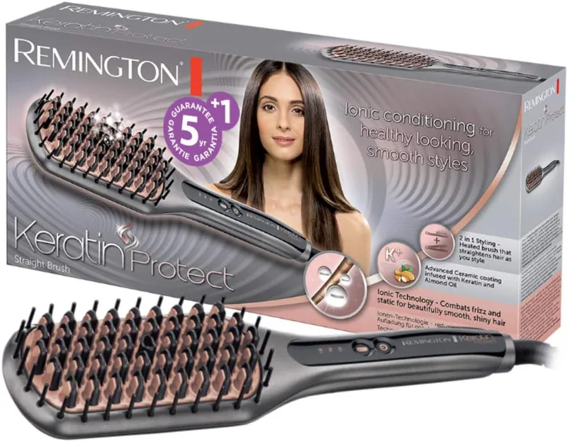 Remington ▫️ Escova Alisadora Keratin Protect Straight, Queratina e Óleo de Amêndoa, Gerador Iónico para Cabelo Sem Frizz, Cerâmica, 3 Níveis de Temperatura até 230 °C, Aquecimento em 30 s, CB7480